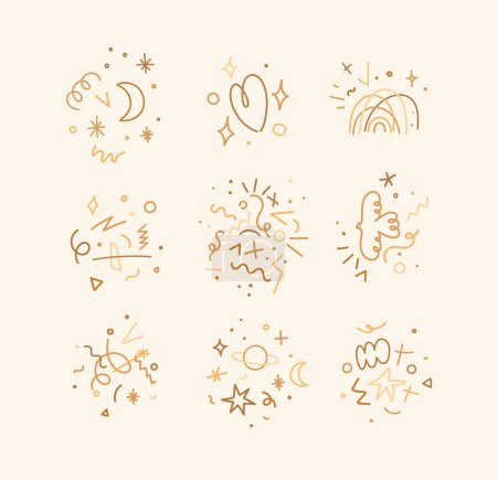 Illustration for Cute color linear composition with moon, heart, rainbow, tornado, planets, symbols and elements drawing on beige background - Royalty Free Image