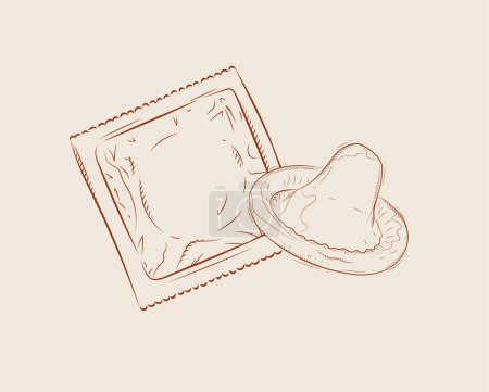 Illustration for Condom packed and unpacked composition drawing on beige background - Royalty Free Image