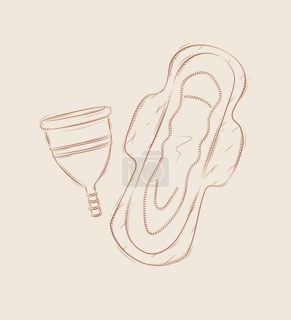 Illustration for Menstrual cup and women sanitary pad composition drawing on beige background - Royalty Free Image