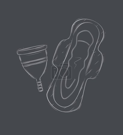 Illustration for Menstrual cup and women sanitary pad composition drawing on black background - Royalty Free Image