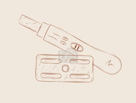 Illustration for Pregnancy or ovulation test and birth control pill composition drawing on beige background - Royalty Free Image