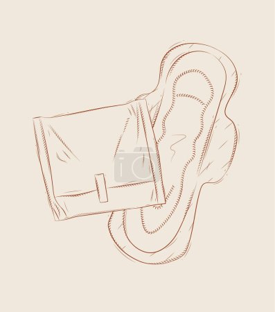 Ilustración de Composición de la almohadilla sanitaria de las mujeres embaladas y desembaladas dibujo sobre fondo beige - Imagen libre de derechos