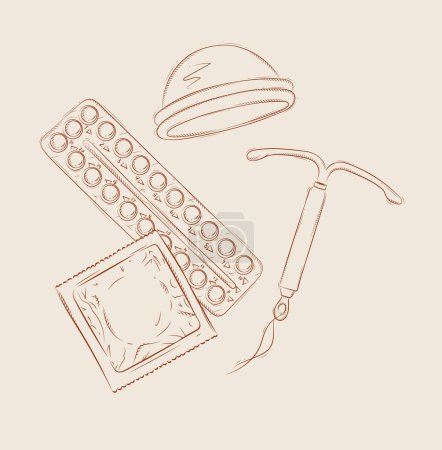Téléchargez les illustrations : Diaphragme des femmes, dispositif intra-utérin pour la contraception, paquet de préservatifs et pilules contraceptives composition dessin sur fond beige - en licence libre de droit