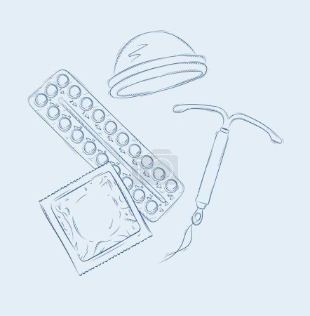 Téléchargez les illustrations : Diaphragme des femmes, dispositif intra-utérin pour la contraception, paquet de préservatifs et pilules contraceptives composition dessin sur fond bleu - en licence libre de droit