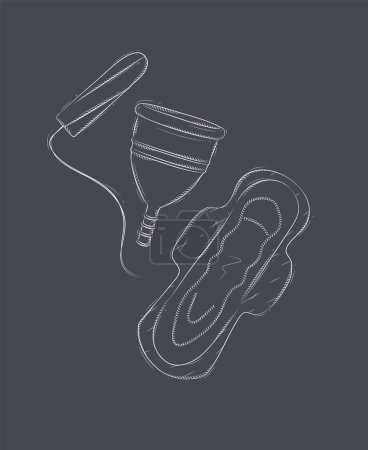 Illustration for Tampon, women sanitary pad and menstrual cup composition drawing on black background - Royalty Free Image