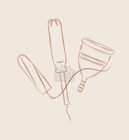 Téléchargez les illustrations : Tampon et composition de la coupe menstruelle dessin sur fond beige - en licence libre de droit