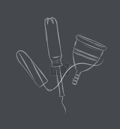 Téléchargez les illustrations : Tampon et composition de la coupe menstruelle dessin sur fond noir - en licence libre de droit