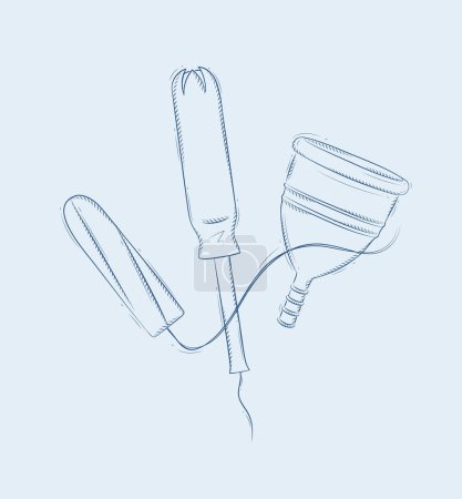 Illustration for Tampon and menstrual cup composition drawing on blue background - Royalty Free Image