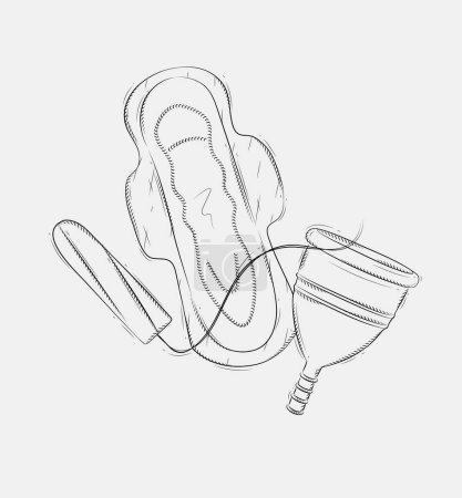 Ilustración de Tampón, almohadilla sanitaria para mujer y copa menstrual sobre fondo gris - Imagen libre de derechos