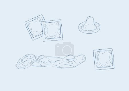 Illustration for Packed and unpacked condoms set drawing on blue background - Royalty Free Image