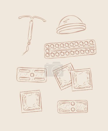 Illustration for Women diaphragm, intrauterine device for contraception, pack of condom and birth control pills set drawing on beige background - Royalty Free Image