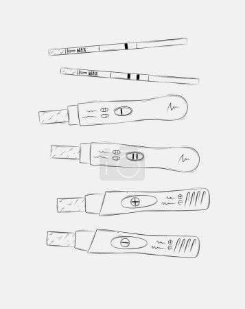 Ilustración de Pruebas de embarazo u ovulación composición dibujo sobre fondo gris - Imagen libre de derechos