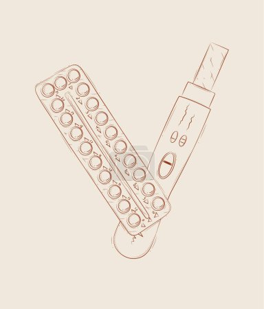 Illustration for Pregnancy or ovulation test and birth control pills composition drawing on beige background - Royalty Free Image