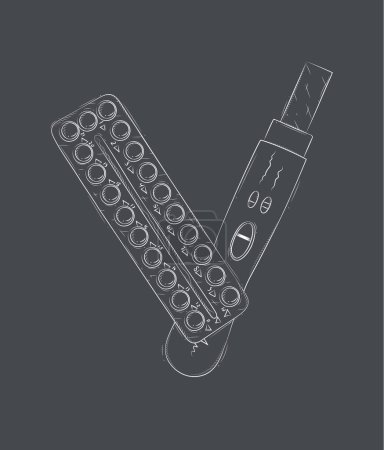 Illustration for Pregnancy or ovulation test and birth control pills composition drawing on black background - Royalty Free Image