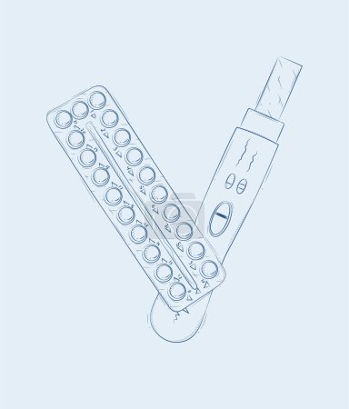 Illustration for Pregnancy or ovulation test and birth control pills composition drawing on blue background - Royalty Free Image