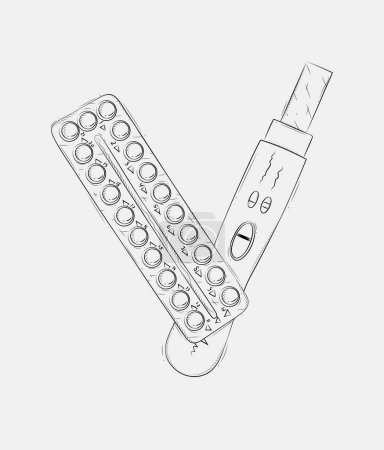 Téléchargez les illustrations : Test de grossesse ou d'ovulation et pilule contraceptive composition dessin sur fond gris - en licence libre de droit