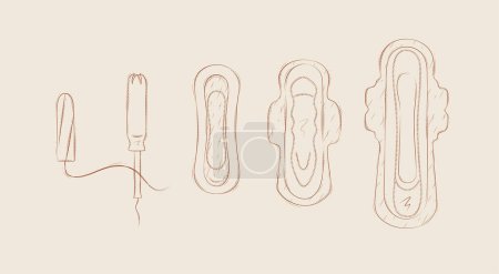 Illustration for Women sanitary pads and tampons set drawing on beige background - Royalty Free Image