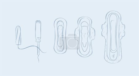 Illustration for Women sanitary pads and tampons set drawing on blue background - Royalty Free Image