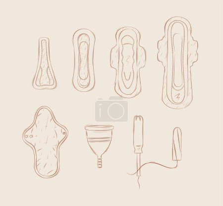 Téléchargez les illustrations : Femmes périodes outils tampon, serviette hygiénique, coupe menstruelle dessin sur fond beige - en licence libre de droit