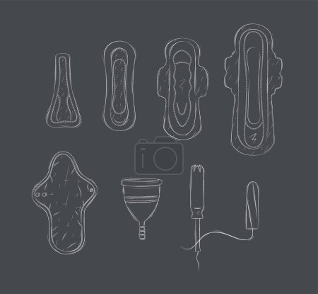 Ilustración de Las mujeres menstruaciones herramientas tampón, compresa sanitaria, dibujo de la copa menstrual sobre fondo negro - Imagen libre de derechos