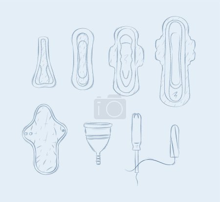 Téléchargez les illustrations : Femmes règles outils tampon, serviette hygiénique, coupe menstruelle dessin sur fond bleu - en licence libre de droit