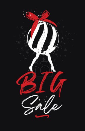 Illustration for Fashion Christmas tree ball toy on legs with high heels with lettering big sale poster drawing on black background - Royalty Free Image
