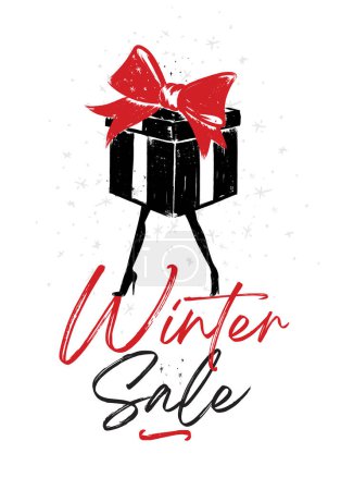 Illustration for Fashion Christmas tree gift box toy on legs with high heels with lettering sale poster drawing on white background - Royalty Free Image