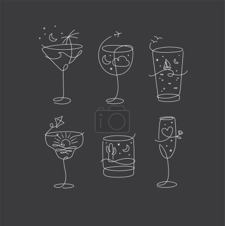 Téléchargez les illustrations : Cocktail lunettes de vacances thème de vacances dans le style ligne dessin sur fond noir - en licence libre de droit
