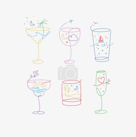 Téléchargez les illustrations : Cocktail lunettes de vacances thème de vacances en ligne style dessin avec la couleur sur fond gris - en licence libre de droit