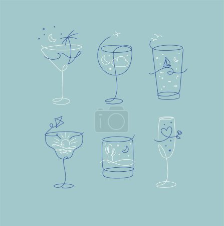 Téléchargez les illustrations : Cocktail lunettes de vacances thème de vacances dans le style ligne dessin sur fond turquoise - en licence libre de droit