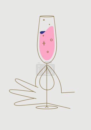 Téléchargez les illustrations : Main tenant verre de champagne dessin dans le style ligne plate sur fond beige - en licence libre de droit