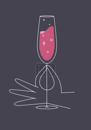 Illustration for Hand holding glass of champagne drawing in flat line style on dark blue background - Royalty Free Image
