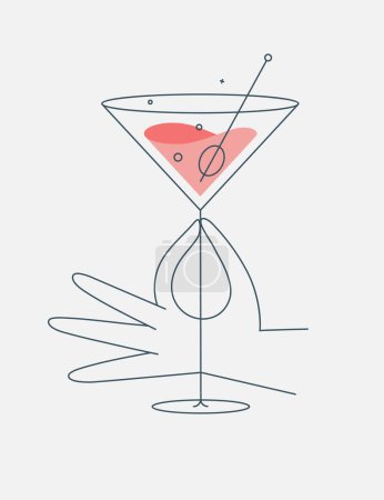 Illustration for Hand holding glass of cosmopolitan cocktail drawing in flat line style - Royalty Free Image