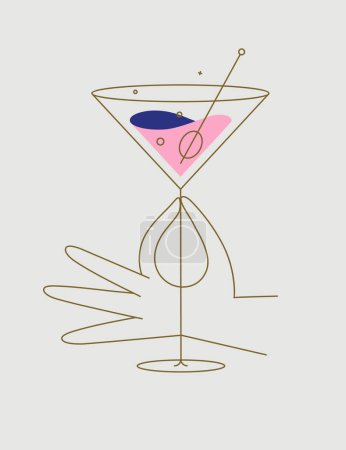 Ilustración de Copa de mano de cóctel cosmopolita dibujo en estilo de línea plana sobre fondo beige - Imagen libre de derechos