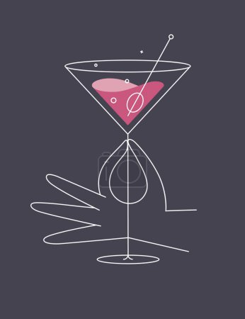 Illustration for Hand holding glass of cosmopolitan cocktail drawing in flat line style on dark blue background - Royalty Free Image