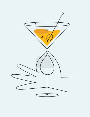 Illustration for Hand holding glass of cosmopolitan cocktail drawing in flat line style on light background - Royalty Free Image