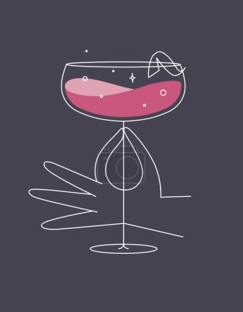 Téléchargez les illustrations : Main tenant verre de cocktail daiquiri dessin dans le style ligne plate sur fond bleu foncé - en licence libre de droit