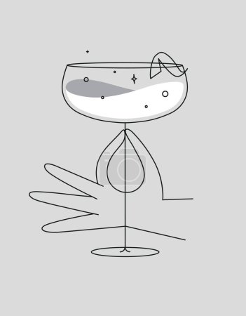 Illustration for Hand holding glass of daiquiri cocktail drawing in flat line style on grey background - Royalty Free Image