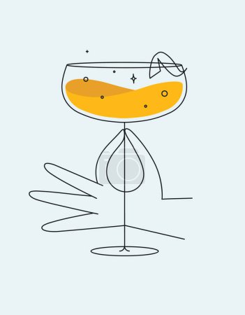 Téléchargez les illustrations : Main tenant verre de cocktail daiquiri dessin dans le style ligne plate sur fond clair - en licence libre de droit