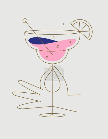 Téléchargez les illustrations : Main tenant verre de cocktail margarita dessin dans le style ligne plate sur fond beige - en licence libre de droit