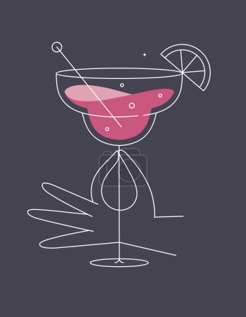 Téléchargez les illustrations : Main tenant verre de cocktail margarita dessin dans le style ligne plate sur fond bleu foncé - en licence libre de droit