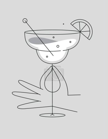 Ilustración de Mano sosteniendo vaso de margarita cóctel dibujo en estilo de línea plana sobre fondo gris - Imagen libre de derechos