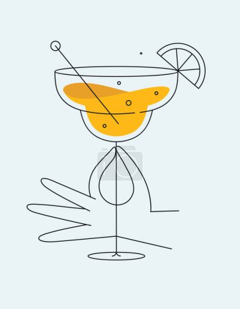 Illustration for Hand holding glass of margarita cocktail drawing in flat line style on light background - Royalty Free Image