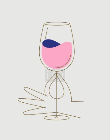 Illustration for Hand holding glass of wine drawing in flat line style drawing on beige background - Royalty Free Image