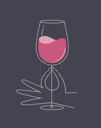 Téléchargez les illustrations : Main tenant verre de vin dessin dans le style ligne plate dessin sur fond beige - en licence libre de droit