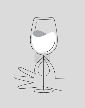 Téléchargez les illustrations : Main tenant verre de vin dessin dans le style ligne plate dessin sur fond bleu foncé - en licence libre de droit