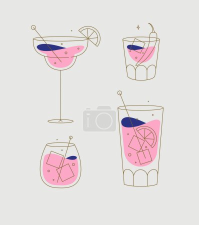 Illustration for Cocktail glasses margarita whiskey long island old fashioned drawing in flat line style on beige background - Royalty Free Image