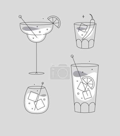 Illustration for Cocktail glasses margarita whiskey long island old fashioned drawing in flat line style on grey background - Royalty Free Image