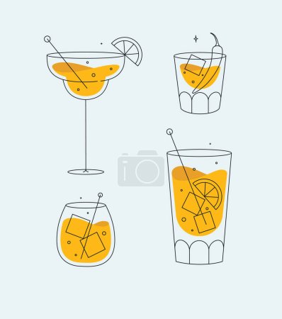 Illustration for Cocktail glasses margarita whiskey long island old fashioned drawing in flat line style on light background - Royalty Free Image