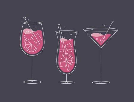 Illustration for Cocktail glasses spritz pina colada cosmopolitan drawing in flat line style on dark blue background - Royalty Free Image